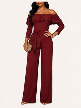 Burgundy Ruffled Overlay Off Shoulder Wide Leg Belted Jumpsuit Size L